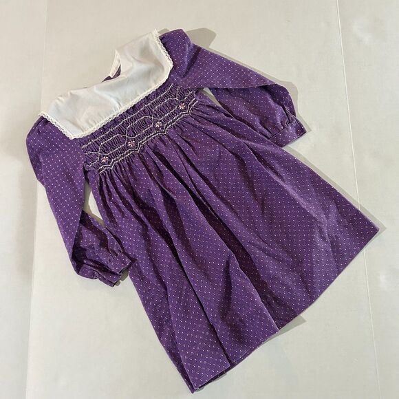 VTG Polly Flinders, Collared Smocked Purple Long Sleeve Mini Floral Girls Dress - Picture 3 of 5